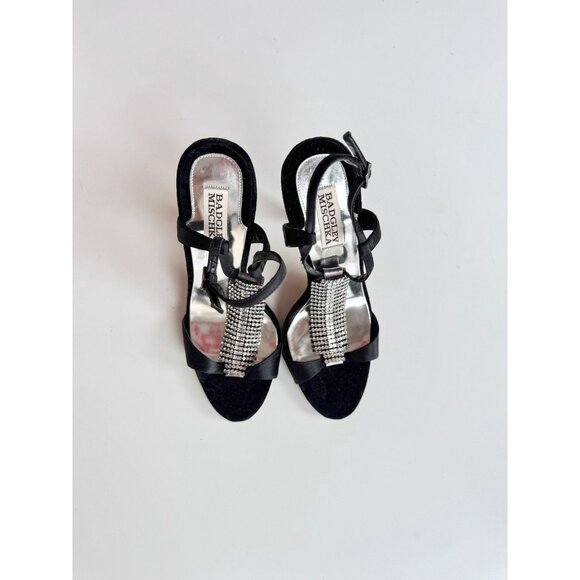 BADGLEY MISCHKA Java Black Satin Velvet Crystal TT-Stra Stiletto Heels, Size 7.5 - Picture 2 of 15